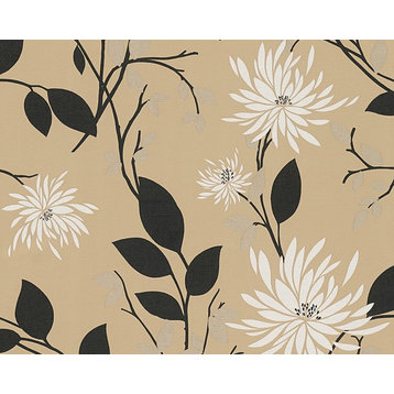 Hollywood  - Graphical Retro Floral Trails Vintage  Beige Wallpaper Roll