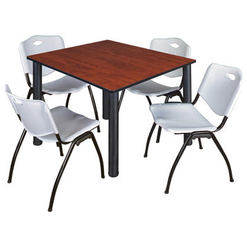 Kee 48" Square Breakroom Table- Cherry/ Black & 4 'M' Stack Chairs- Grey