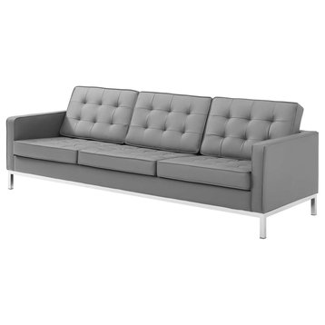 Modern Living Lounge Sofa, Faux Vinyl Leather Metal Steel, Grey Gray Silver