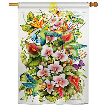 Orchid Splendor with Birds Garden Friends, Everyday House Flag 28"x40"
