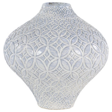 French Country Ceramic Vase w/ Decorative Relief Design, 9” x 10”