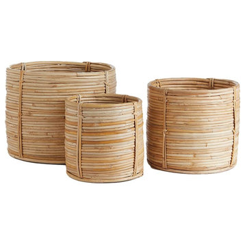 Set of 3 Natural Cane Rattan Storage Baskets Round Small 6 8 10 in Coiled