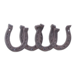Import Wholesales - Cast Iron Wall Hook Rack, Horseshoes, 4 Hooks, 11.75" Wide - Wall Hooks
