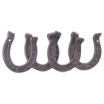 Cast Iron Wall Hook Rack, Horseshoes, 4 Hooks, 11.75" Wide