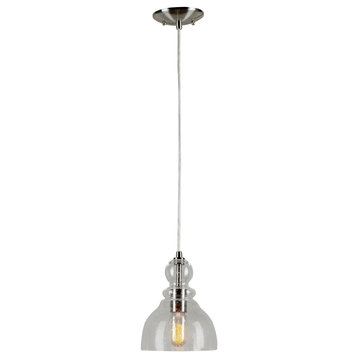 1 Light Cord-Hung Glass Mini Pendant, Brushed Nickel, Clear Seeded Glass