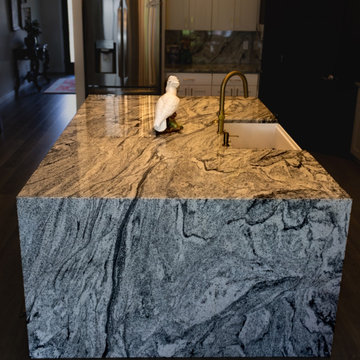 Granite Kitchen Countertops- Waterfall Edges & Full Height Backsplash