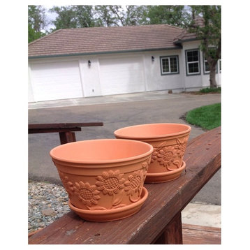 Raised Sunflower Embellished Natural Terracotta Garden Pot With Tray, Set of 2
