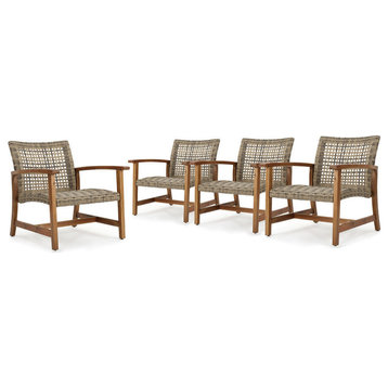 GDF Studio Cytheria Outdoor Gray Wicker Club Chairs with Wood Frame, Set of 4