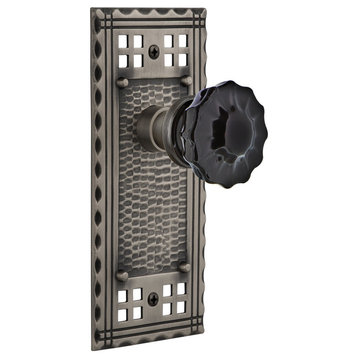Craftsman Plate Privacy Crystal Black Glass Knob, Antique Pewter