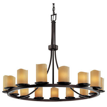 CandleAria Dakota 1-Tier Ring Chandelier, Cylinder With Melted Rim, Amber Shade