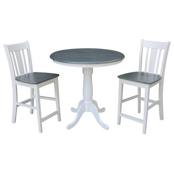 36" Round Pedestal Gathering Height Table With 2 Counter Height Stools, White/Heather Gray