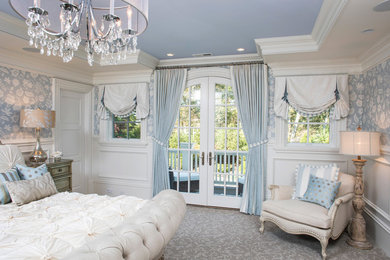 Inspiration for a large traditional master bedroom in Boston with white walls, carpet, no fireplace and grey floor.