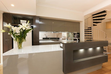 Inspiration for a large contemporary open plan kitchen in Adelaide with a double-bowl sink, dark wood cabinets, mirror splashback, white appliances, medium hardwood floors and with island.