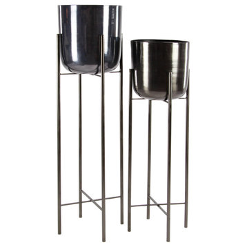 Large Modern Metallic Black Metal Planters with Stands, Set of 2