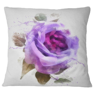 Watercolor Purple Rose With Leaves Floral Throw Pillow, 16"x16"