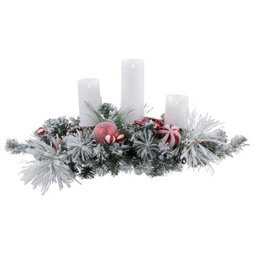 32" Red and White Triple Candle Holder with Flocked Pine and Christmas Ornaments