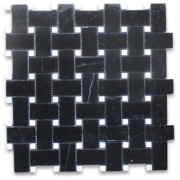 Basketweave Nero Marquina Black Mosaic Tile w/ White Marble Dots Honed, 1 sheet