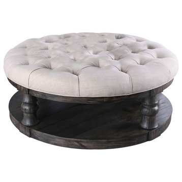 Furniture of America Joss Rustic Wood Round Tufted Coffee Table in Antique Gray