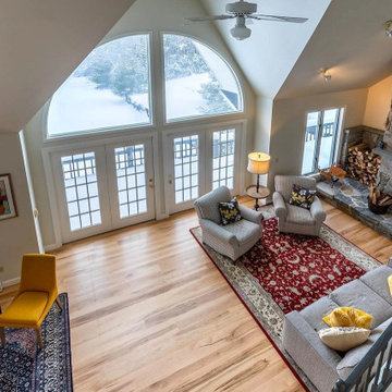 Select Hickory Plank Flooring, Living Area with Stone Fireplace