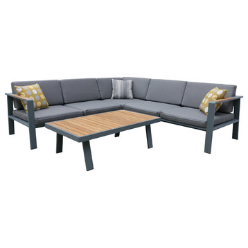 Armen Living Patio Sectional Set, Gray Powder Coated Finish With Gray Cushions
