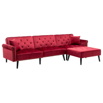 Piper Jujube Red Velvet Sofa Bed With Ottoman and 2 Accent Pillows
