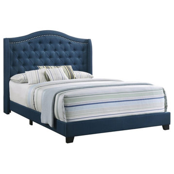 Pemberly Row Fabric Upholstered Camel Headboard Queen Bed in Blue