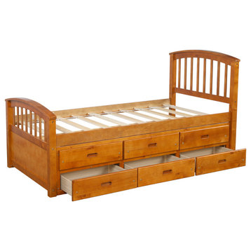 Twin Size Wood Platform Bed with 6 Storage Drawers, Oak