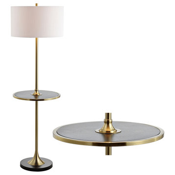Luce Metal, Wood LED Floor Lamp With Table, Black, Brass, 59"