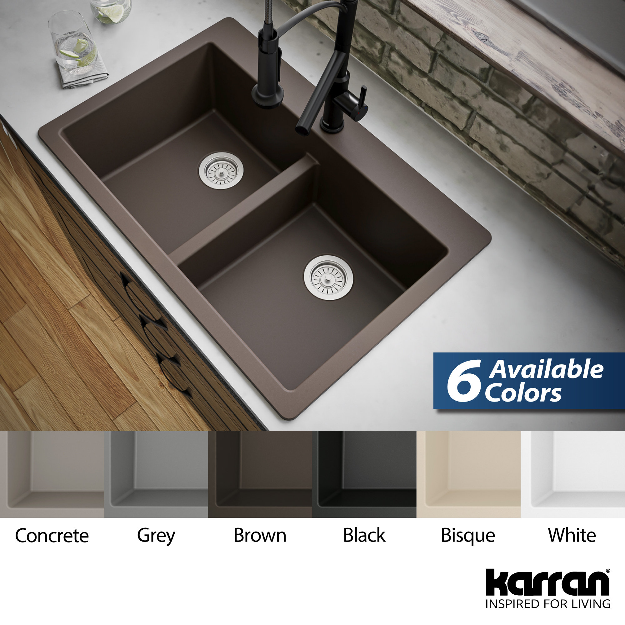 Karran 33" Top Mount Double Equal Bowl Quartz Kitchen Sink, Brown