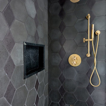 rich, variegated black hexes stand out in los feliz bathroom remodel
