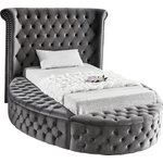 Meridian Furniture - Luxus Button Tufted Velvet Round Bed, Gray, Twin - Marvel at the remarkable beauty and graceful lines of this round Luxus grey velvet twin size bed. The headboard, footboard and side rails are all adorned with deep button tufting, and there is nailhead trim on both sides of the tall headboard. The footboard and side rails all contain ample storage and seating, making it easy to sit down in comfort so you can put on your pants or shoes.