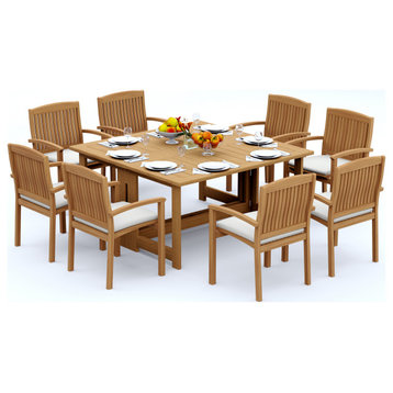 9-Piece Outdoor Teak Set, 60" Square Butterfly Table, 8 Wave Stacking Arm Chairs
