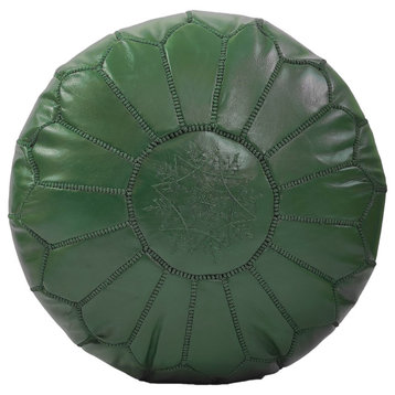 Handmade Moroccan Ottoman, Genuine Leather Pouf, Dark Green