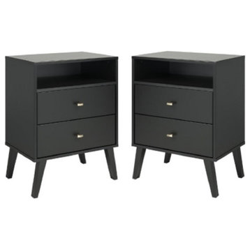 Home Square 2 Piece Solid Wood Nightstand Set with 2 Drawer in Black