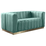 Meridian Furniture - Marlon Velvet Upholstered Loveseat, Mint - Seat guests in the epitome of comfort and style with this Marlon velvet loveseat. This piece is just the thing to showcase your modish style while ensuring total enjoyment from all who are lucky enough to relax on its channel tufted seats. The soft mint velvet upholstery adds a beautiful touch to your space and feels great against your skin while the brushed gold stainless steel base lends it a contemporary finish.