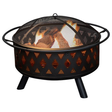 Pure Garden 32 inch Round Crossweave Fire Pit with Cover, Black