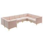 Meridian Furniture - Alina Black Velvet 8-Piece Modular Sectional, Pink, U-Shaped - Bring modern beauty to your space with the addition of this Alina Velvet Modular sectional. This beautiful sectional features deep channel tufting to ramp up its visual interest and add to its resilient demeanor. Its soft Pink velvet upholstery blends nicely with existing elements in your room and is sleek to the touch, making this seat a super comfortable one. Part of the modular Alina collection, this sectional has a latch that attaches it to other pieces to create your custom seating arrangement.