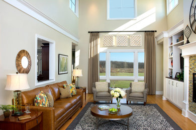Inspiration for a mid-sized timeless formal and open concept carpeted living room remodel in Milwaukee with beige walls, a tile fireplace, a ribbon fireplace and no tv
