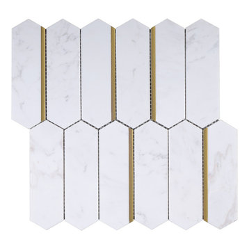Tndog-03 Long Hexagon White And Gold Marble Mosaic Tile, 1 Box