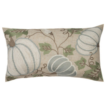 Harvest Pumpkins And Vines Crewel Embroidered Fall Pillow, 12"x20"