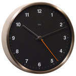 Bai - Bai 6" Stainless Steel Designer Wall Clock Helio Black - 6" in diameter. Brushed stainless steel bezel with glass lens and chrome-plated metal hour and minute hands. Quality quartz movement with sweeping second hand in spray-painted matte orange. Covered back with matte black steel plate. Requires one AA battery to operate. Gift-boxed.