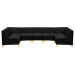 Meridian Furniture - Alina Velvet Modular U-Shaped Sectional, Black, 7-Piece: 5 Armless Chair, 2 Corner Chair - Bring modern beauty to your space with the addition of this Alina Velvet Modular sectional. This beautiful sectional features deep channel tufting to ramp up its visual interest and add to its resilient demeanor. Its soft black velvet upholstery blends nicely with existing elements in your room and is sleek to the touch, making this seat a super comfortable one. Part of the modular Alina collection, this sectional has a latch that attaches it to other pieces to create your custom seating arrangement.