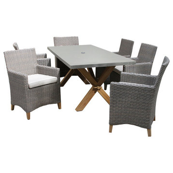 7-Piece Teak And Driftwood Gray Wicker Dining Set, Composite Top/Trestle Base