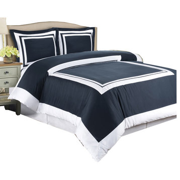 Hotel 100% Cotton Duvet Cover Set, Navy and White, King/Cal King