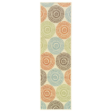 Malibu Indoor and Outdoor Floral Beige and Blue Rug, 2'3"x7'6"
