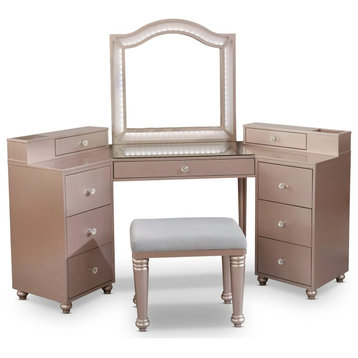 Transitional Vanity Set, Unique Mirrored Design With Camelback Mirror, Rose Gold