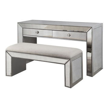 Vanity Console Table With Bench, Silver and Mirrored Inlays, 2-Piece Set