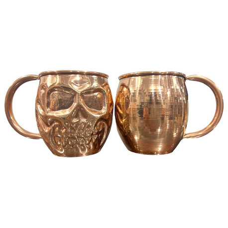 Copper Skull (Day of the Dead) Shaped Mugs, Hammered and Shiny, Set of 2