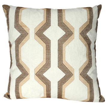 Benzara BM200587 Cotton Pillow with Geometric Embroidery, Brown and White