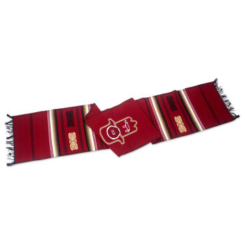 NOVICA Red Hamsa And Cotton Table Runner